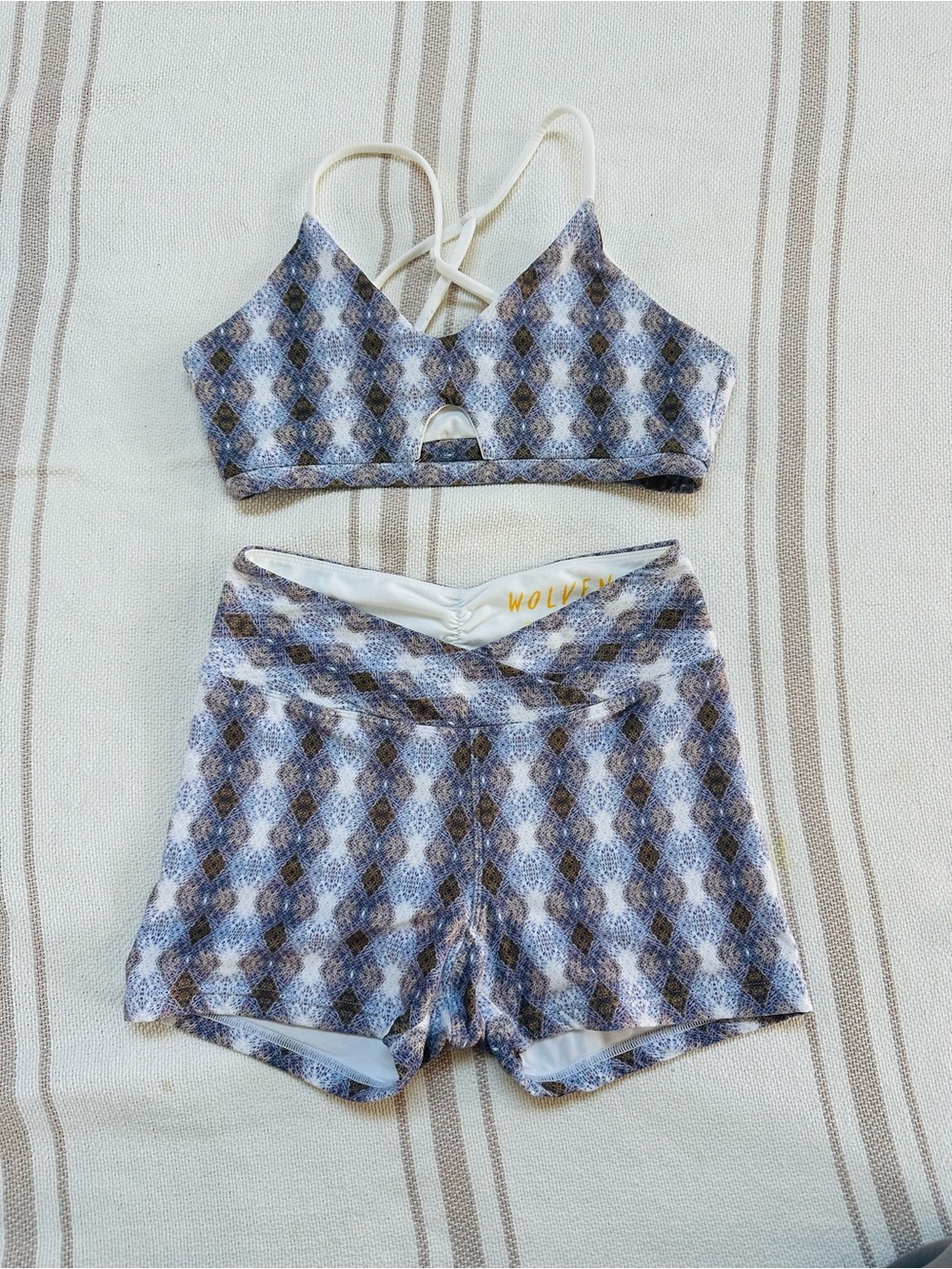 Wolven Blue & Brown Diamond-Print Bralette and Shorts Set